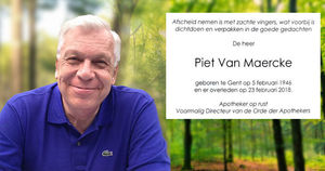 Apotheker Piet Van Maercke overleden...